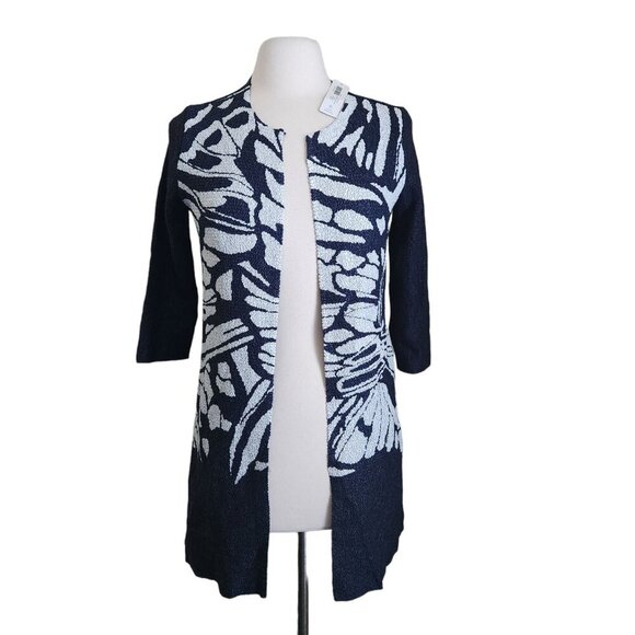 Chico's Travelers Long Cardigan Jacket sz 0 S/4 Crinkle Navy Blue Open Front NWT - Picture 1 of 13